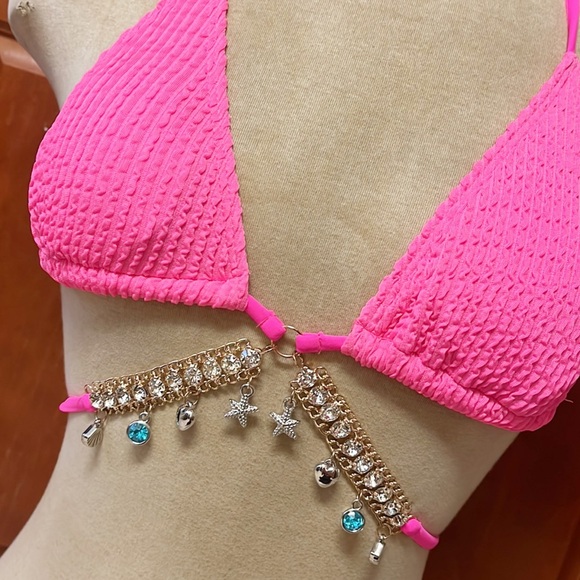 Hot Pink Bikini 2pc Swimsuit Gold Chain Charms Seersucker S Small - Picture 2 of 5